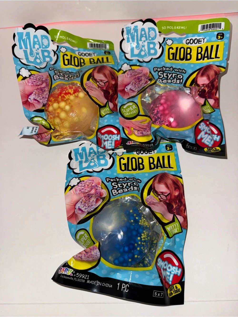 3x Ja-Ru Mad Lab Gooey Glob Ball Fidget Squishy Toy Yellow Blue Pink NEW